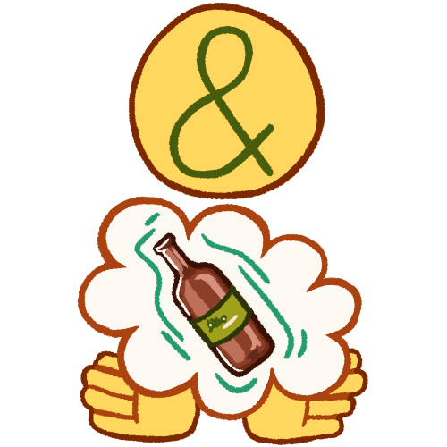 A drawing of an emoji yellow person, depicted as a blank head and two hands. In their hands is a thought bubble, which contains a brown bottle of alcohol with a green label. There are dark green emphasis lines around the bottle, loosely outlining its shape. There is a large green ampersand on the person's head.